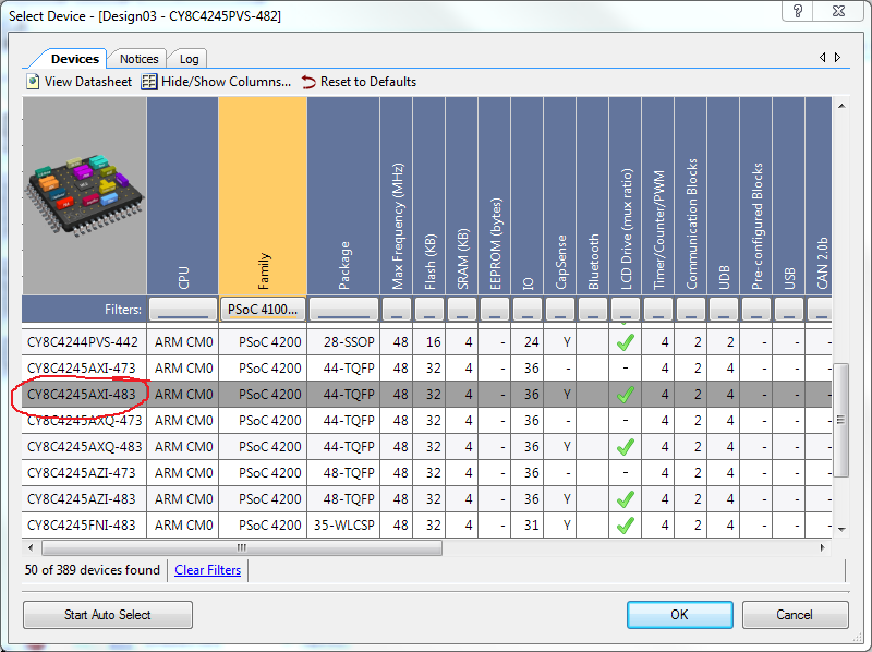 device selector no Psoc Creator